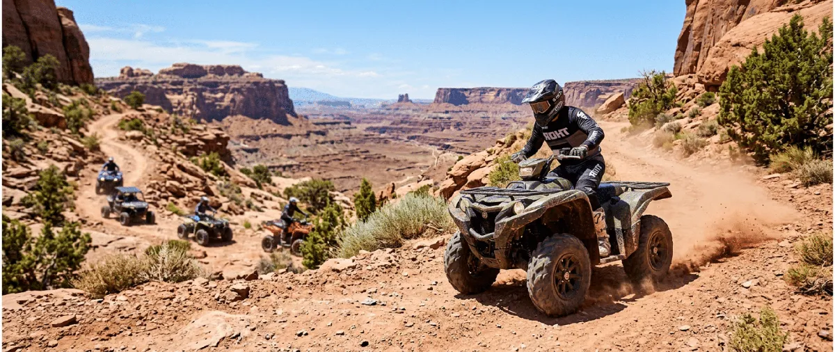 Riders on ATVs on a desert trail